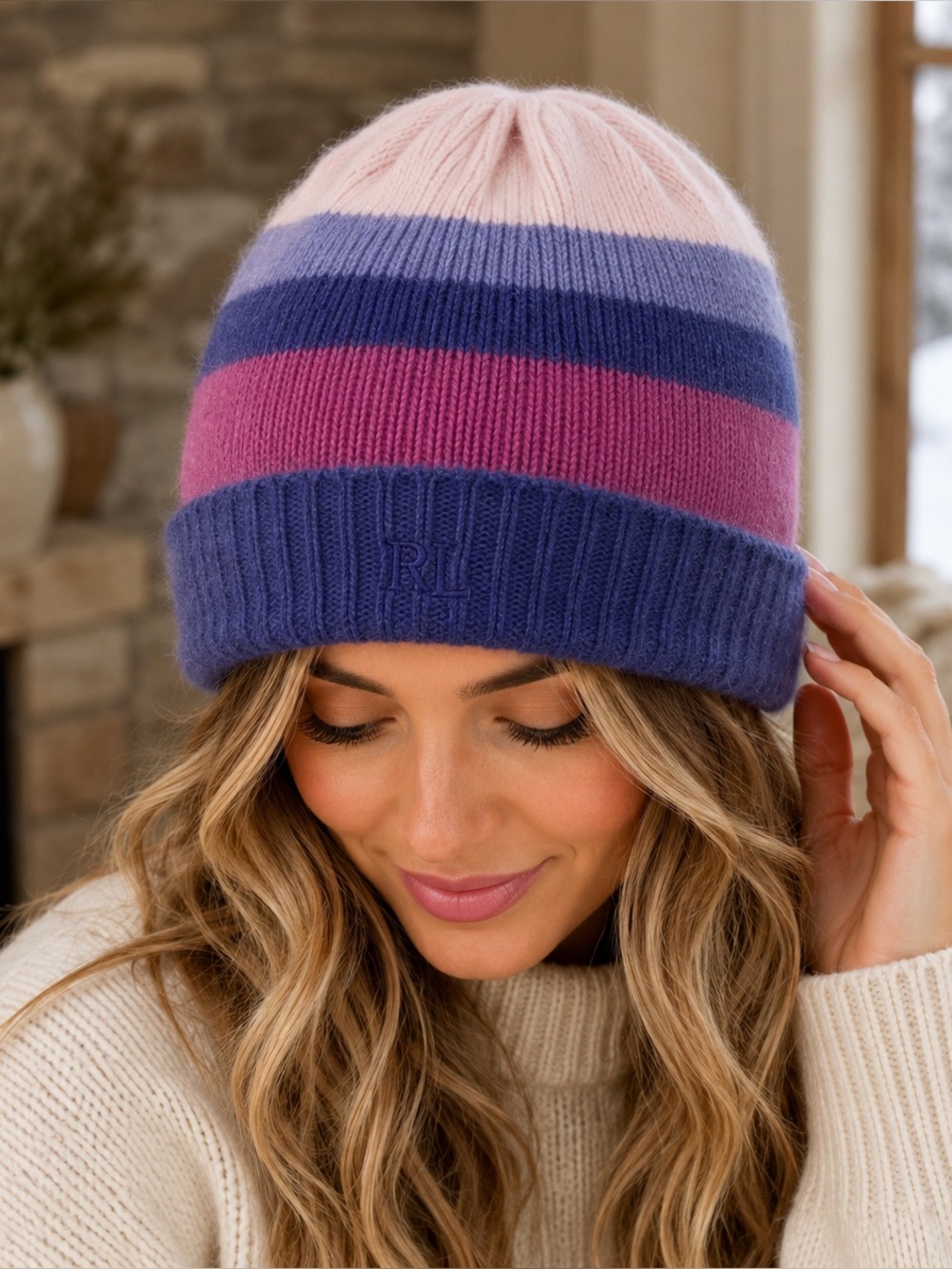 Lauren Ralph Lauren Striped Lambswool Angora Beanie Hat Purple Pink One Size